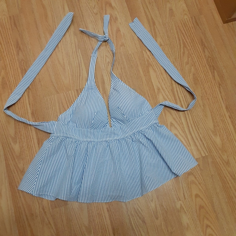 J. Crew Blue and White Striped Halter Swim Top